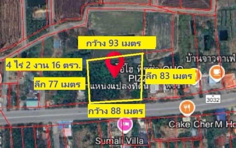 picture Land for sale in Sing Buri, opposite Wat Phra Non, 4-2-16 Rai, price 10.35 million Baht, width 88 meters, drectangular plot, adjacent to Highway 3032. - 3/14