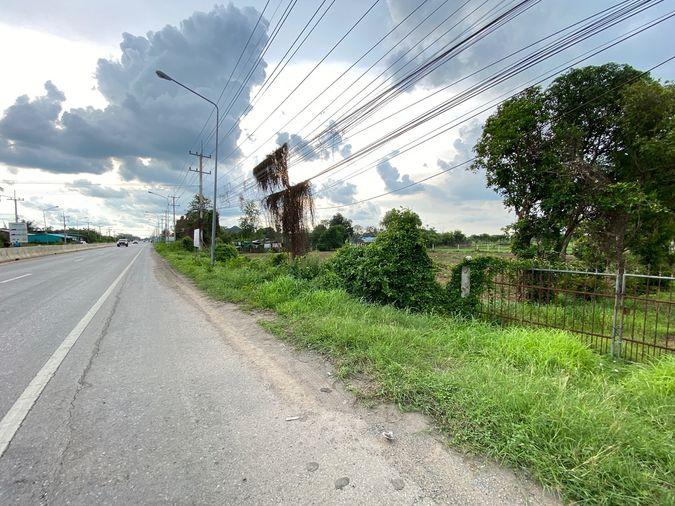 picture Land for sale in Sing Buri, opposite Wat Phra Non, 4-2-16 Rai, price 10.35 million Baht, width 88 meters, drectangular plot, adjacent to Highway 3032. - 13/14