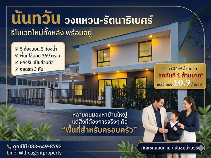 รูป ขายบ้านรีโนเวทใหม่ นันทวัน วงแหวน-รัตนาธิเบศร์ หลังริม เนื้อที่ 108.5 ตร.ว. หลังริม 5 นอน 5 น้ำ โครงการคุณภาพ Land & Houses บางใหญ่ ลดทันที 1 ล้านบาท - รูปที่ 1/47