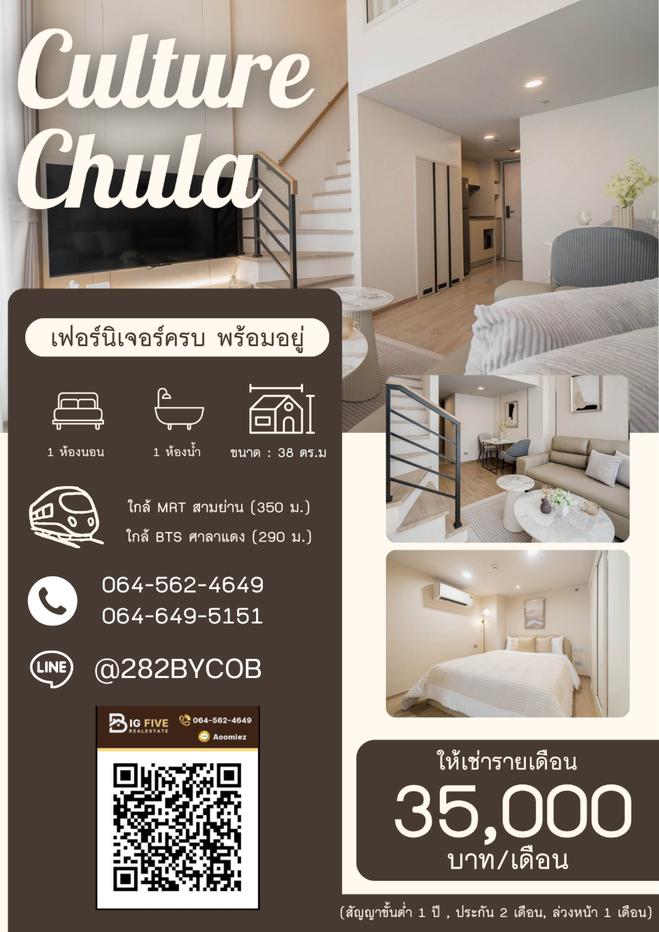 รูป CO69-0042   ให้เช่า Culture Chula | Duplex 1 ห้องนอน 38 ตร.ม. | ใกล้ MRT สามย่าน - รูปที่ 1/15