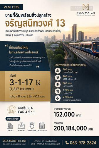 รูป ขายที่ดินพร้อมสิ่งปลูกสร้าง จรัญสนิทวงศ์ 13 | 3-1-17 ไร่ | เหมาะ Low Rise / Hospital / Sport Club - รูปที่ 1/3