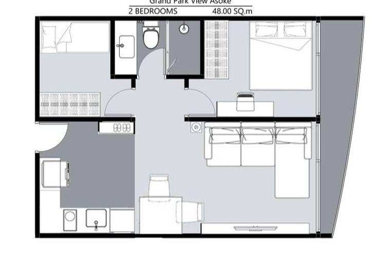 รูป 2 ห้องนอน | 1 ห้องน้ำ | BTS Lat Pla Khao | 48 ตร.ม. | 26,000 บาท/เดือน | ชั้น 11 — Grand Park View Asoke กรุงเทพฯ - รูปที่ 3/10