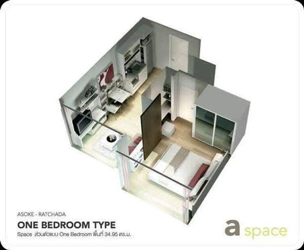 รูป 1 ห้องนอน | 1 ห้องน้ำ | MRT Phra Ram 9 | 35 ตร.ม. | 13,000 บาท/เดือน | ชั้น 14 — A Space Asoke-Ratchada กรุงเทพฯ - รูปที่ 2/10