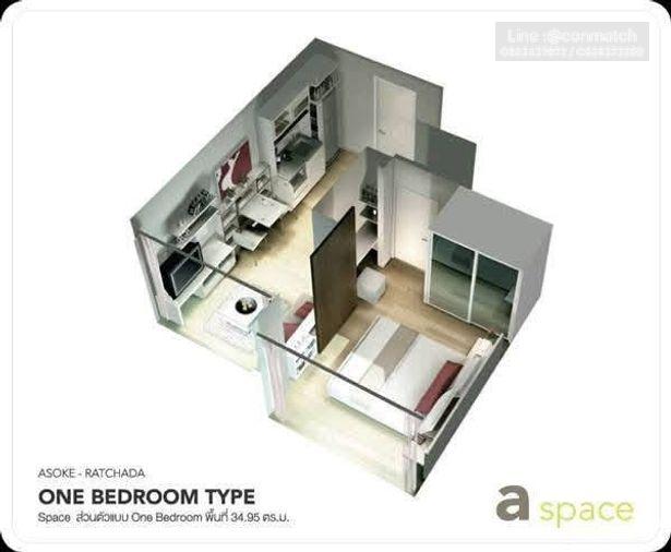 รูป 1 ห้องนอน | 1 ห้องน้ำ | MRT Phra Ram 9 | 35 ตร.ม. | 13,000 บาท/เดือน | ชั้น 14 — A Space Asoke-Ratchada กรุงเทพฯ - รูปที่ 2/10