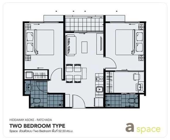 picture 2Bed | 2Bath | MRT Phra Ram 9 | 52sqm | THB 20,000/mo | Fl.7 — A Space Hideaway Asoke-Ratchada Bangkok - 4/5