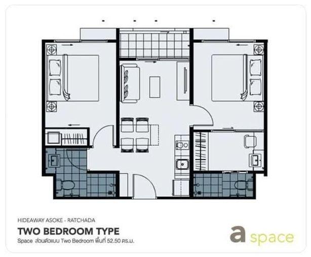 รูป 2 ห้องนอน | 2 ห้องน้ำ | MRT Phra Ram 9 | 52 ตร.ม. | 20,000 บาท/เดือน | ชั้น 7 — A Space Hideaway Asoke-Ratchada กรุงเทพฯ - รูปที่ 4/5