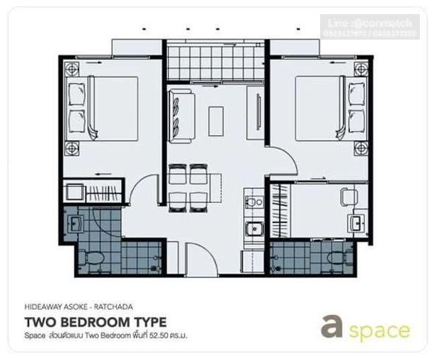 รูป 2 ห้องนอน | 2 ห้องน้ำ | MRT Phra Ram 9 | 52 ตร.ม. | 20,000 บาท/เดือน | ชั้น 7 — A Space Hideaway Asoke-Ratchada กรุงเทพฯ - รูปที่ 4/5