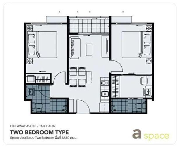 picture 2Bed | 2Bath | MRT Phra Ram 9 | 52sqm | THB 20,000/mo | Fl.7 — A Space Hideaway Asoke-Ratchada Bangkok - 1/1