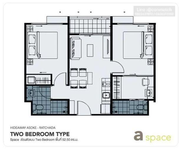 รูป 2 ห้องนอน | 2 ห้องน้ำ | MRT Phra Ram 9 | 52 ตร.ม. | 20,000 บาท/เดือน | ชั้น 7 — A Space Hideaway Asoke-Ratchada กรุงเทพฯ - รูปที่ 2/5