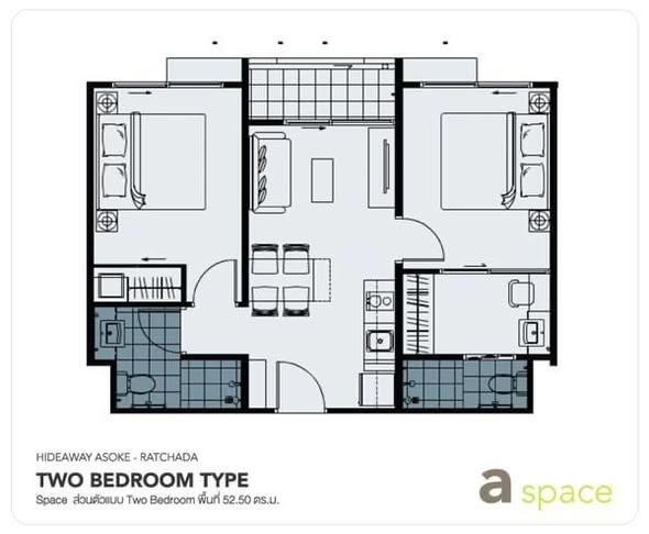 picture 2Bed | 2Bath | MRT Phra Ram 9 | 52sqm | THB 20,000/mo | Fl.7 — A Space Hideaway Asoke-Ratchada Bangkok - 1/5