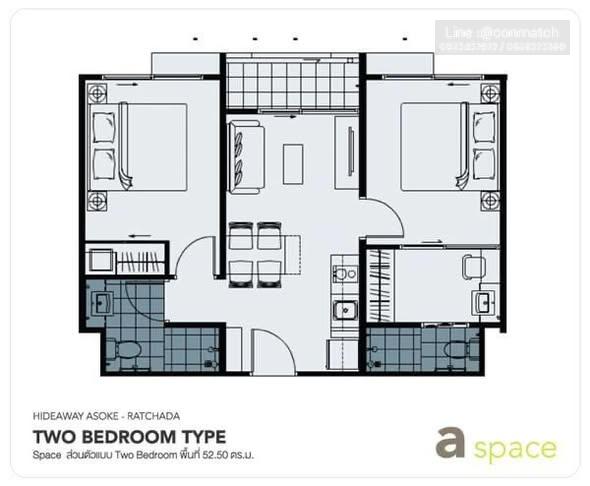 picture 2Bed | 2Bath | MRT Phra Ram 9 | 52sqm | THB 20,000/mo | Fl.7 — A Space Hideaway Asoke-Ratchada Bangkok - 1/5