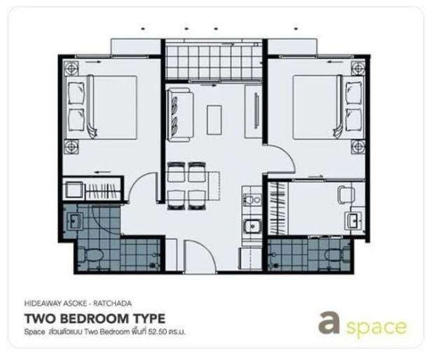 picture 2Bed | 2Bath | MRT Phra Ram 9 | 52sqm | THB 20,000/mo | Fl.7 — A Space Hideaway Asoke-Ratchada Bangkok - 5/5