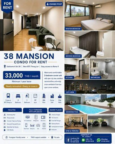 picture 2Bed | 1Bath | BTS Thong Lo | 57sqm | THB 33,000/mo | Fl.8 — 38 Mansion Bangkok - 1/5