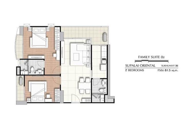 รูป 2 ห้องนอน | 2 ห้องน้ำ | BTS Phrom Phong | 81.5 ตร.ม. | 60,000 บาท/เดือน | ชั้น 19 — Supalai Oriental Sukhumvit 39 Sukhumvit 39 - รูปที่ 3/5